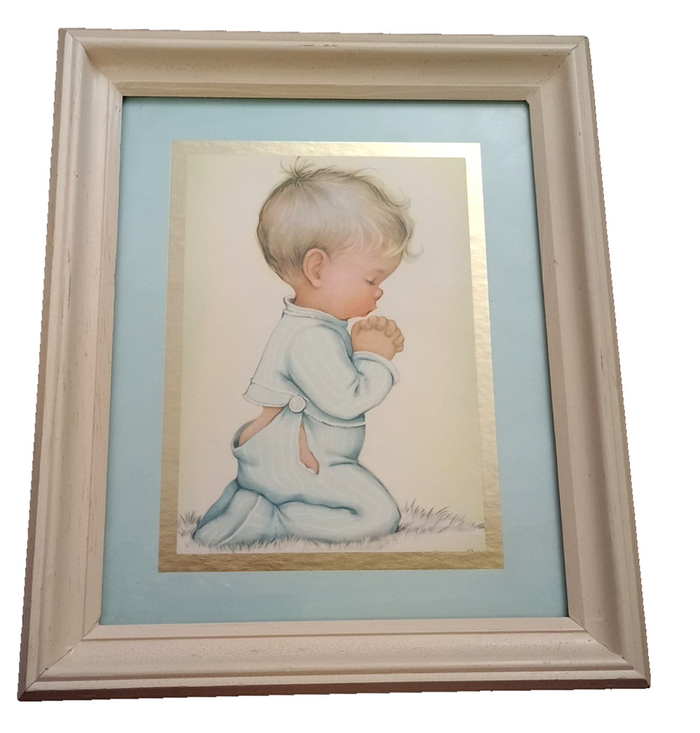 Charlot Byj Praying Boy Vtg Frame 13x11 Print Gold foil Trim Prayer Bless Us All